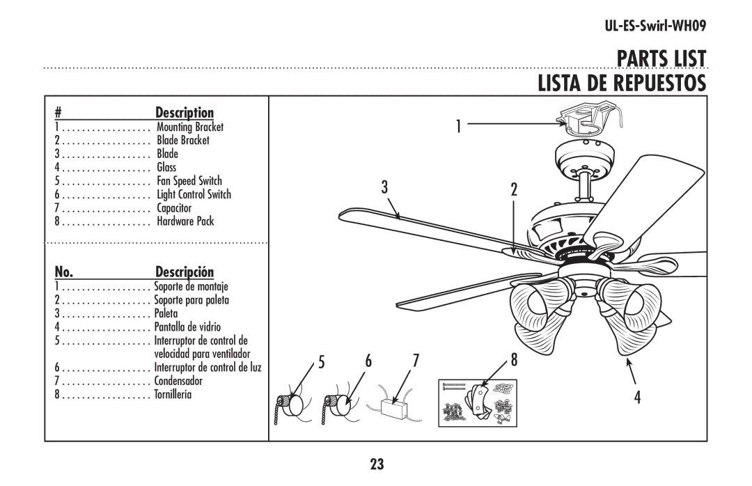 Westinghouse UL-ES-Swirl-WH09 owner manual PARTS LIST Lista DE Repuestos, Hardware Pack 